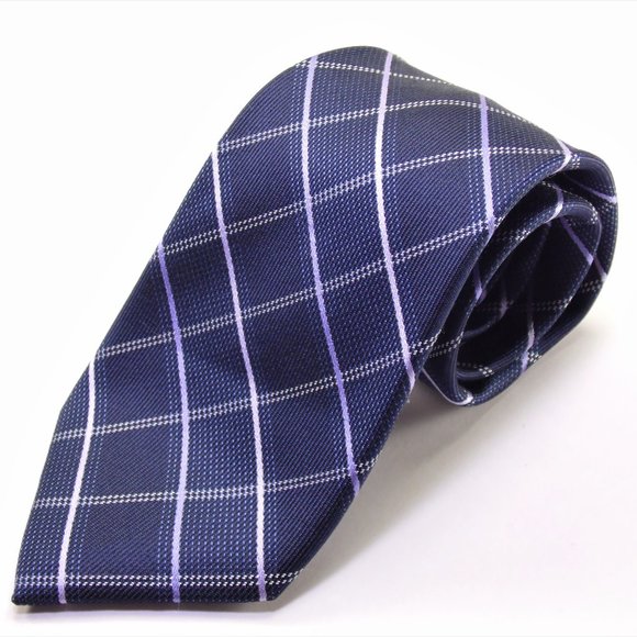 Michael Kors Navy Blue Striped Plaid Silk Necktie - Picture 1 of 10